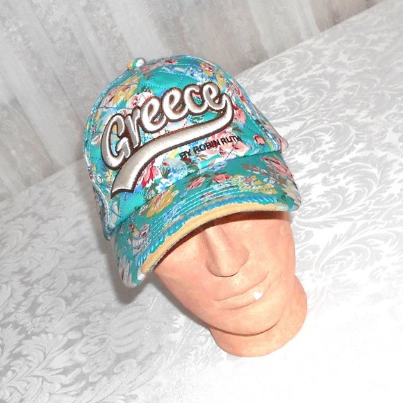 Greece by Robin Ruth Teal Floral Cotton Snapback Hat - Picture 1 of 9